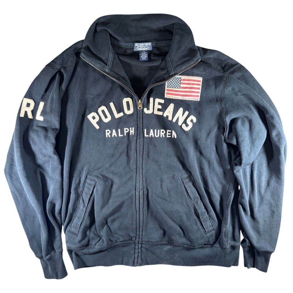 Polo Jeans Ralph Lauren Men's L Full Zip Sweatshirt Black Spellout Flag Jacket
